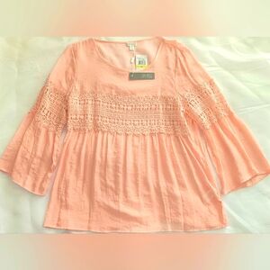 "Spense" Peach  Tunic Blouse with Lattice Crochet Accent- Size Medium-NWT